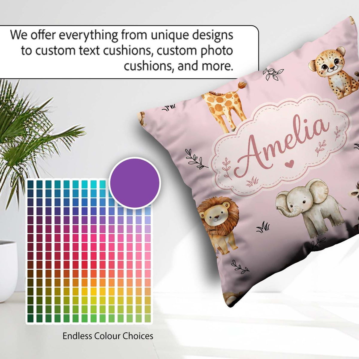 Custom Name Safari Animals with Elephant Lion and Leopard Cub on Square Filled Cushion Throw Pillow Sofa Bed Home Decor Zip Washable UK Made