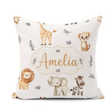 Custom Name Animals with Elephant Lion and Leopard on Light Grey Square Filled Cushion Throw Pillow Sofa Bed Home Decor Zip Washable UK Made