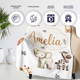 Safari Animals with Elephant Lion and Leopard on Light Grey Lovely  Personalised Custom Name Super Soft Fleece Blanket Bed Sofa Throw