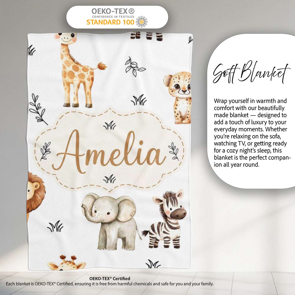 Safari Animals with Elephant Lion and Leopard on Light Grey Lovely  Personalised Custom Name Super Soft Fleece Blanket Bed Sofa Throw