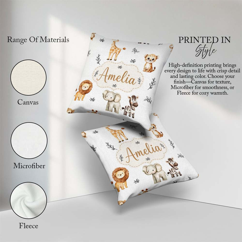 Custom Name Animals with Elephant Lion and Leopard on Light Grey Square Filled Cushion Throw Pillow Sofa Bed Home Decor Zip Washable UK Made