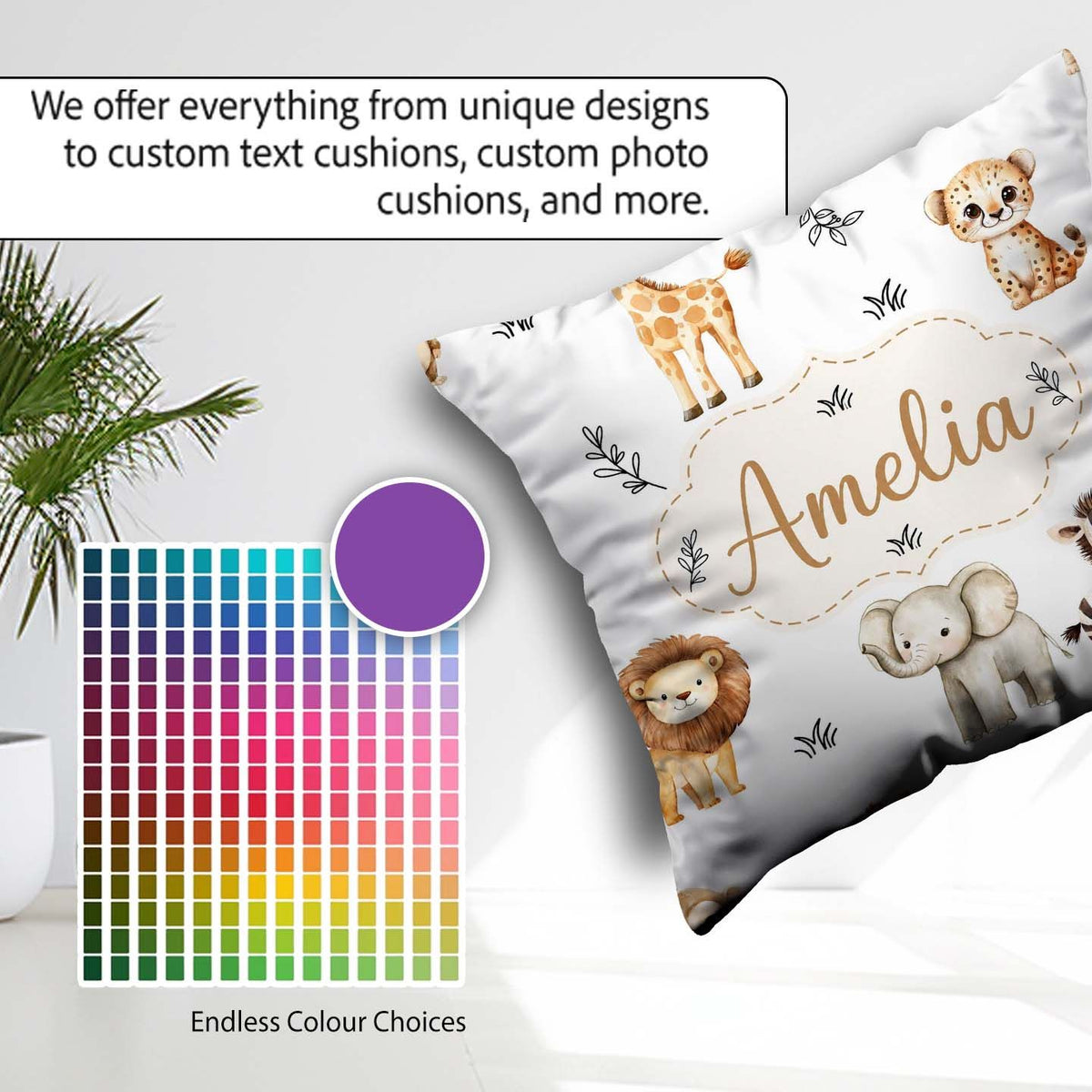 Custom Name Animals with Elephant Lion and Leopard on Light Grey Square Filled Cushion Throw Pillow Sofa Bed Home Decor Zip Washable UK Made