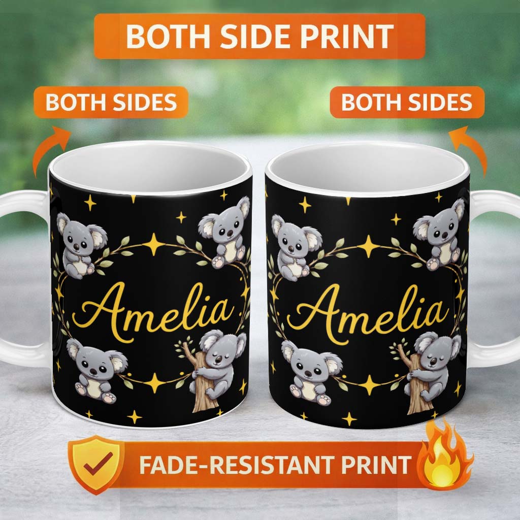 Personalized Custom Name Cute Cartoon Koala Bears with Yellow Stars on Black Background 11oz Ceramic Coffee Tea Mug White Large Handle