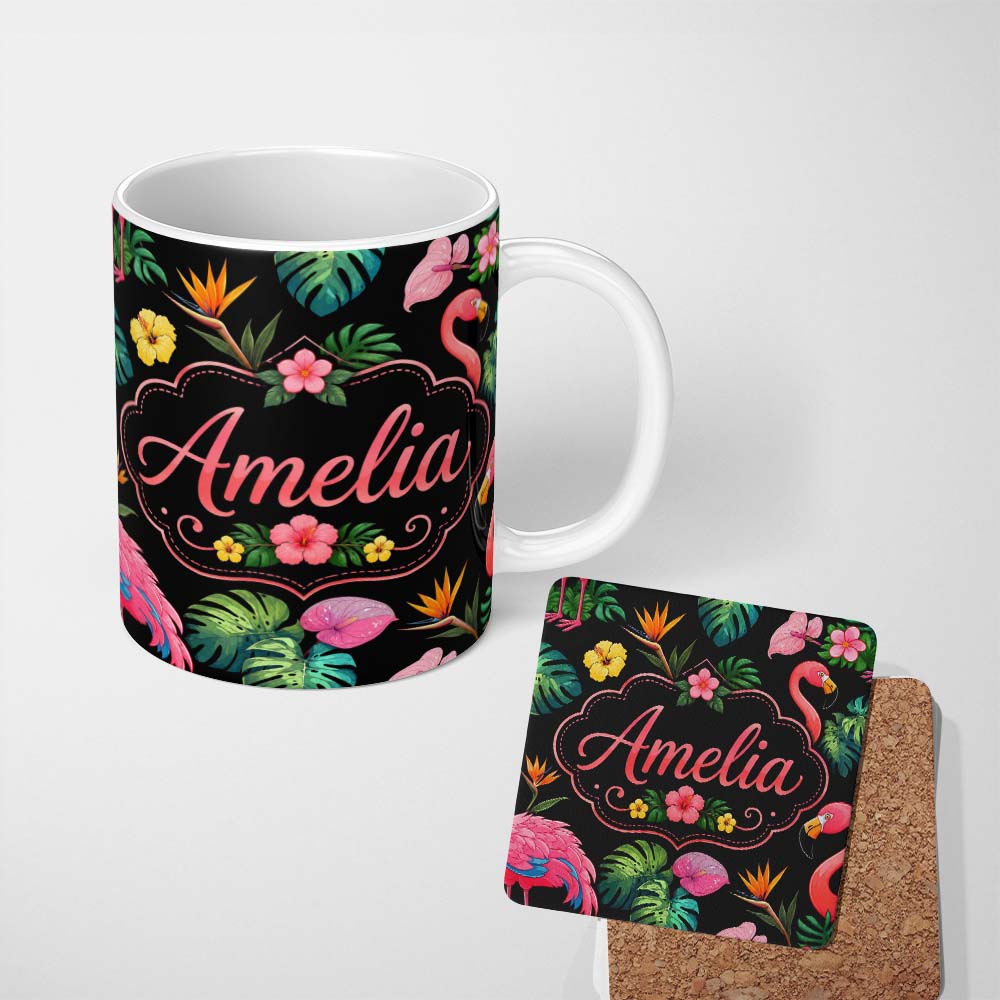 Personalized Custom Name Tropical Flamingo Bird with Exotic Flowers Leaves Pattern Black 11oz Ceramic Coffee Tea Mug White Large Handle