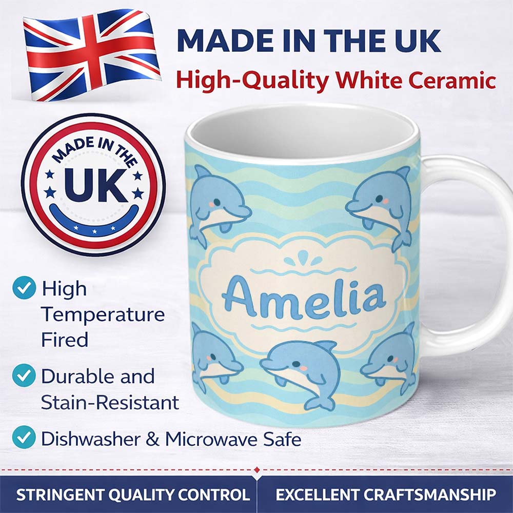 Personalized Custom Name Cute Dolphin Waves Cartoon Animal Pattern Cute Unique Gift Lovely 11oz Ceramic Coffee Tea Mug White Large Handle