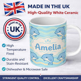 Personalized Custom Name Cute Dolphin Waves Cartoon Animal Pattern Cute Unique Gift Lovely 11oz Ceramic Coffee Tea Mug White Large Handle
