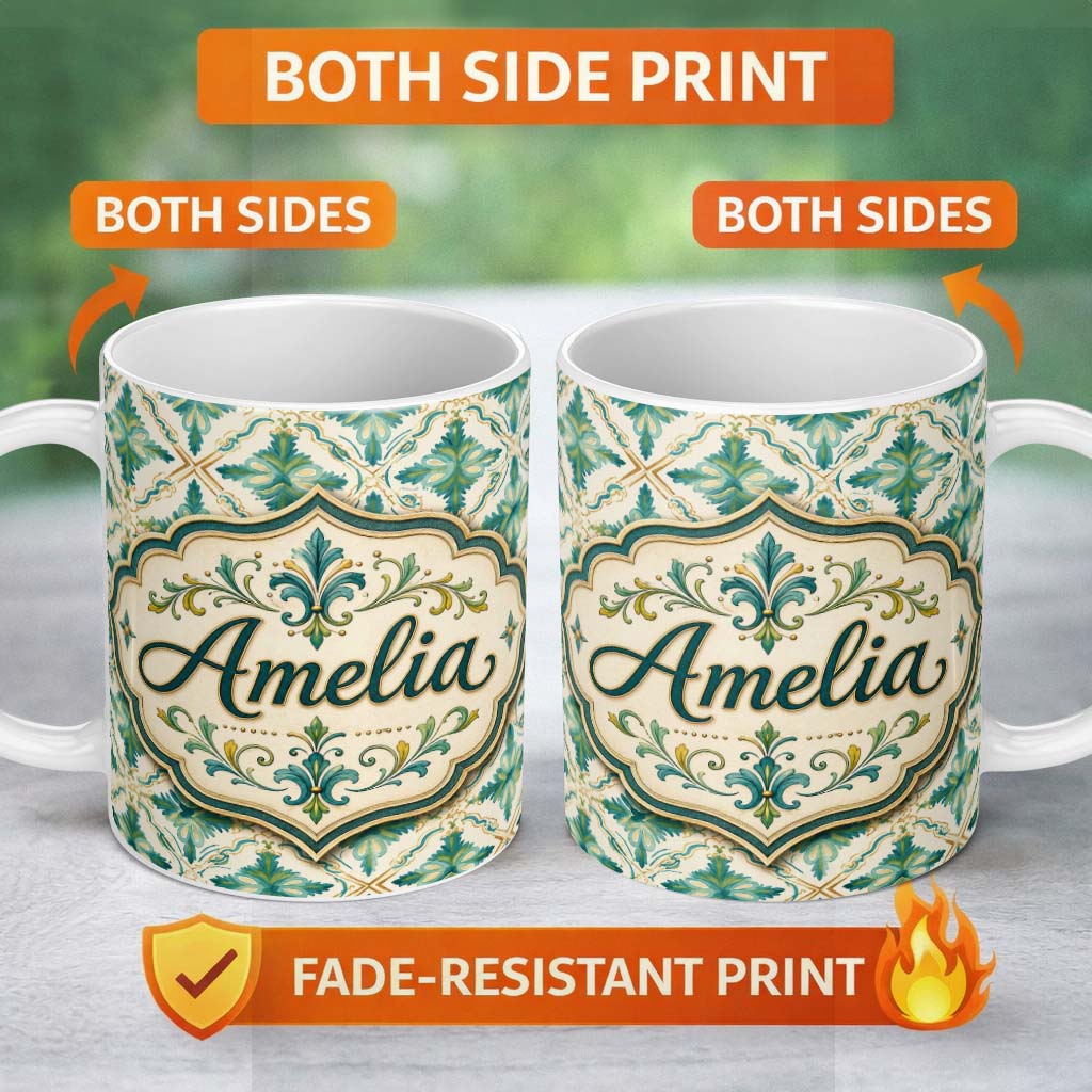 Personalized Custom Name Elegant Geometric Floral Tile Green and Gold Seamless Pattern Lovely 11oz Ceramic Coffee Tea Mug White Large Handle