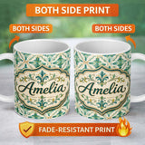 Personalized Custom Name Elegant Geometric Floral Tile Green and Gold Seamless Pattern Lovely 11oz Ceramic Coffee Tea Mug White Large Handle