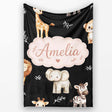 Safari Animals with Elephant Lion and Leopard Cub on Light Grey  Personalised Custom Name Super Soft Fleece Blanket Bed Sofa Throw
