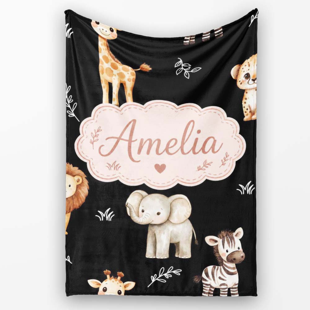 Safari Animals with Elephant Lion and Leopard Cub on Light Grey  Personalised Custom Name Super Soft Fleece Blanket Bed Sofa Throw