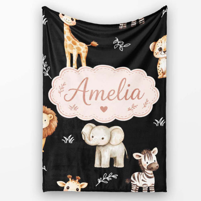 Safari Animals with Elephant Lion and Leopard Cub on Light Grey  Personalised Custom Name Super Soft Fleece Blanket Bed Sofa Throw