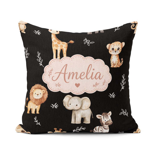Custom Name Safari Animals with Elephant Lion and Leopard Cub on Square Filled Cushion Throw Pillow Sofa Bed Home Decor Zip Washable UK Made