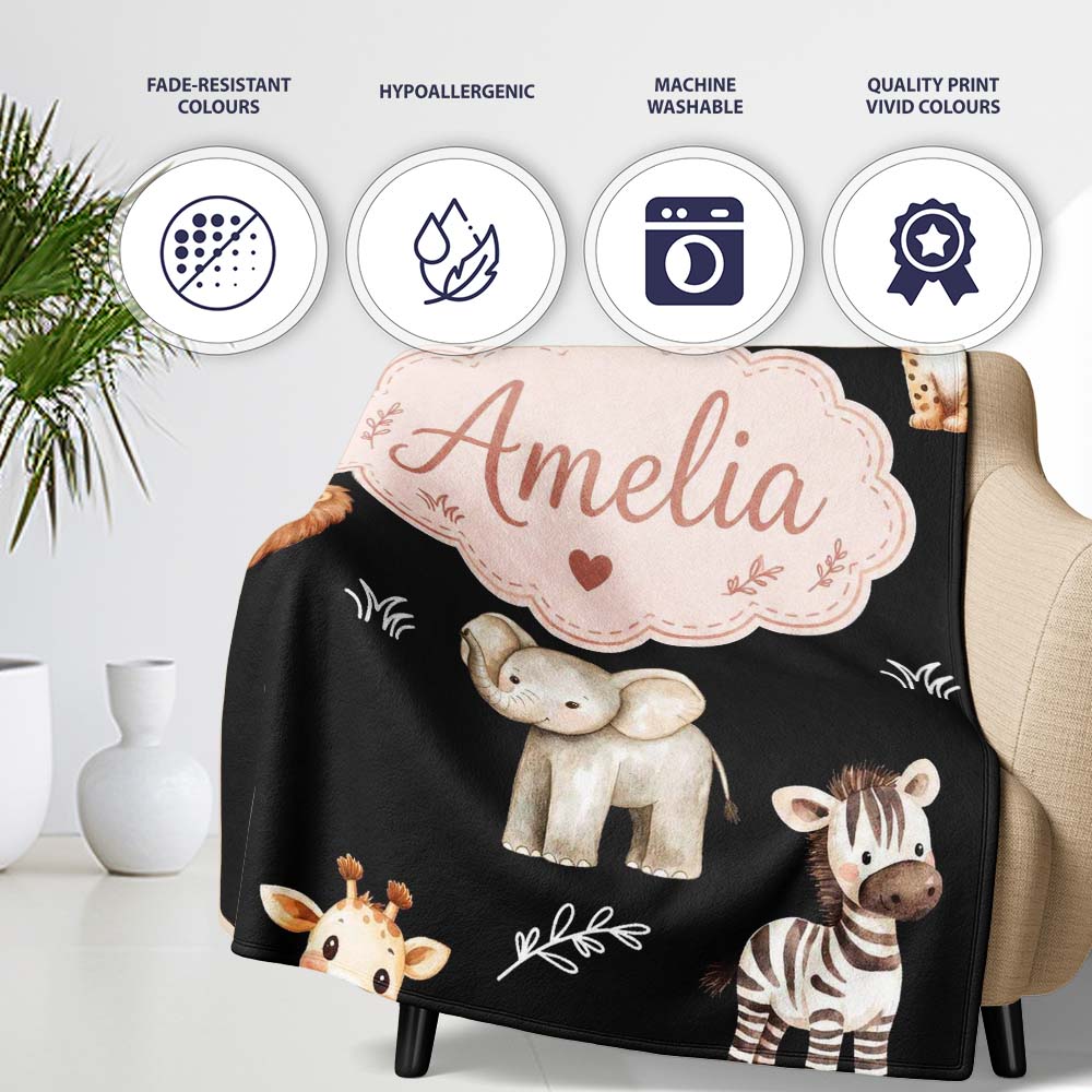 Safari Animals with Elephant Lion and Leopard Cub on Light Grey  Personalised Custom Name Super Soft Fleece Blanket Bed Sofa Throw