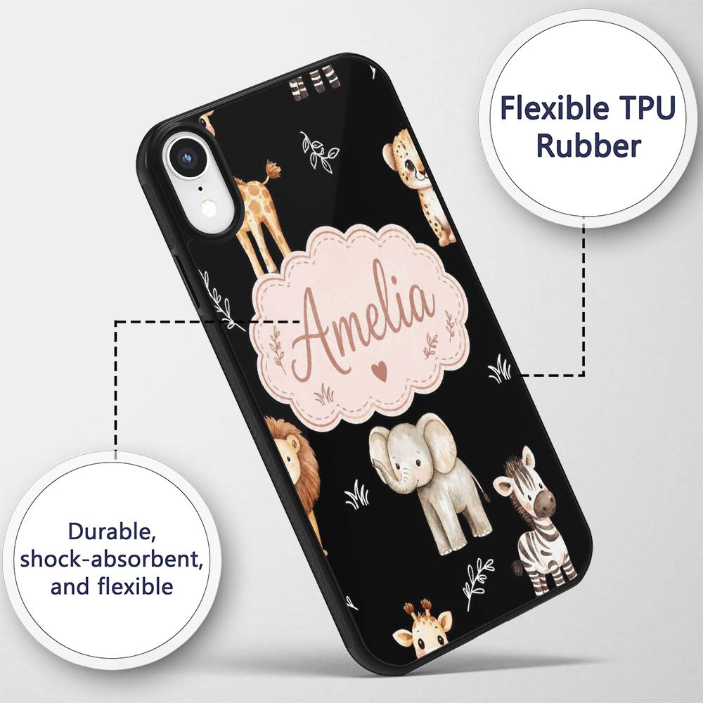 Safari Animals with Elephant Lion and Leopard Cub Custom Name Protective Phone Case Mobile Cover Durable Everyday Smartphone Shock Resistant