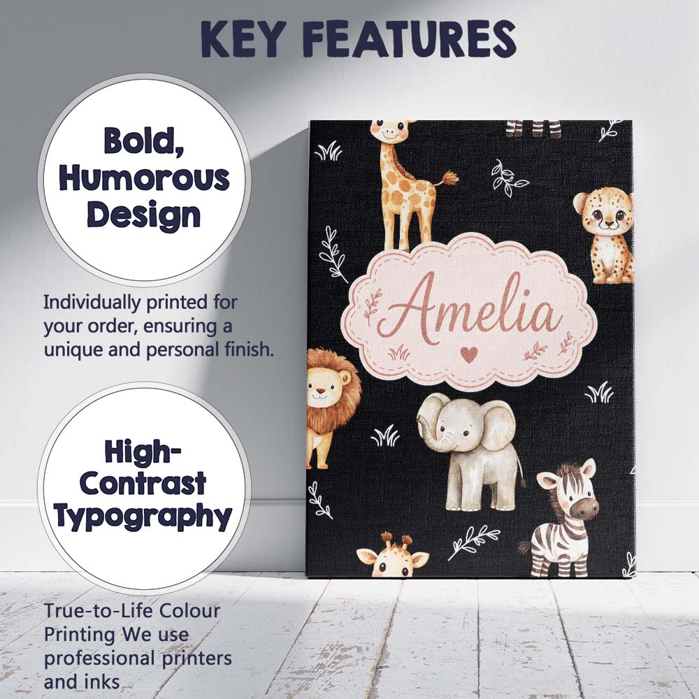 Personalised Name Safari Animals with Custom Modern Room Accent Creative Decorator Style Canvas Wall Art Print Decor Picture Ready to Hang