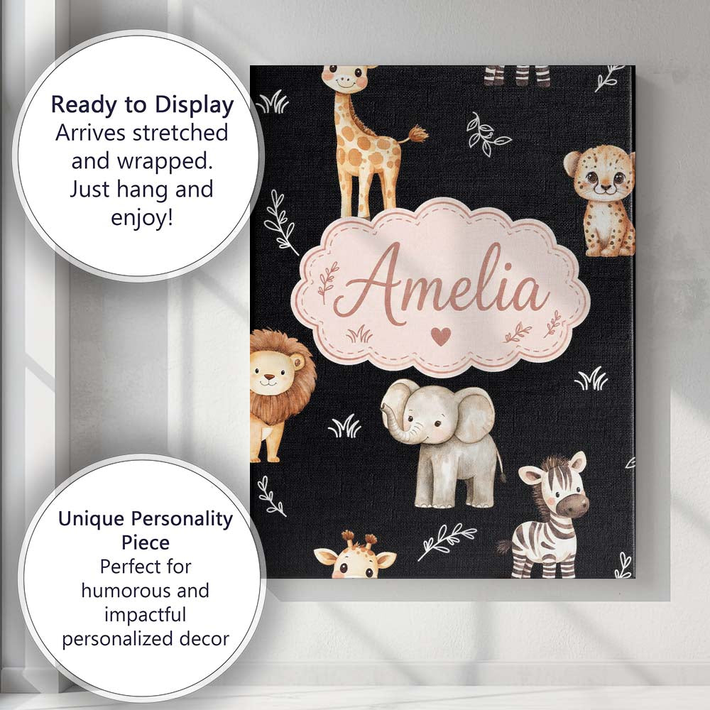 Personalised Name Safari Animals with Custom Modern Room Accent Creative Decorator Style Canvas Wall Art Print Decor Picture Ready to Hang
