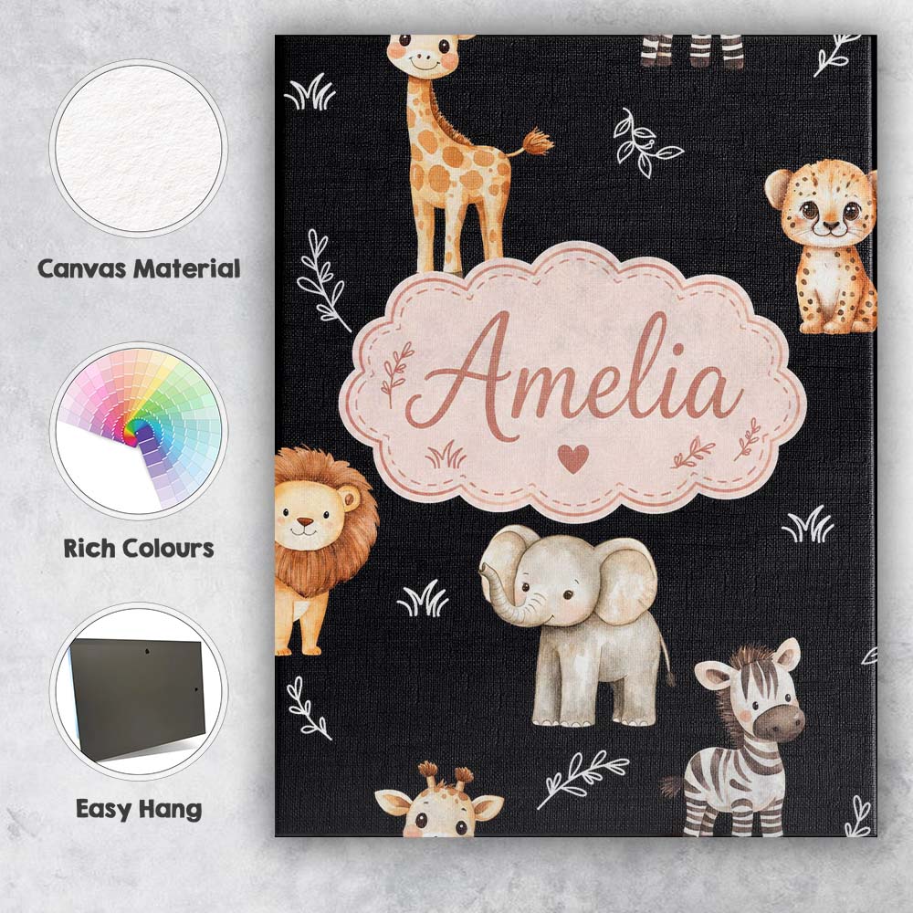 Personalised Name Safari Animals with Custom Modern Room Accent Creative Decorator Style Canvas Wall Art Print Decor Picture Ready to Hang