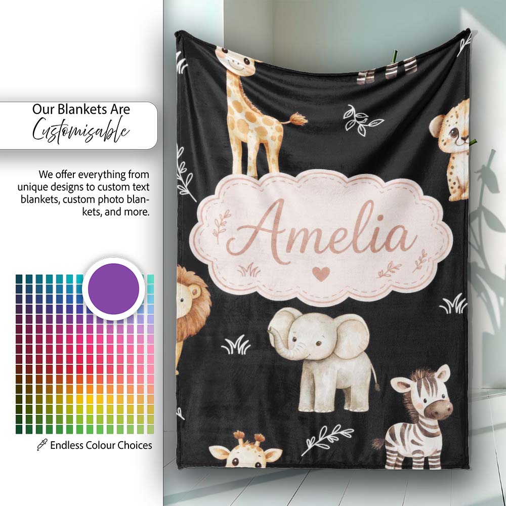 Safari Animals with Elephant Lion and Leopard Cub on Light Grey  Personalised Custom Name Super Soft Fleece Blanket Bed Sofa Throw