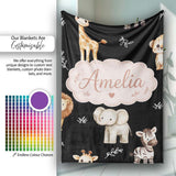 Safari Animals with Elephant Lion and Leopard Cub on Light Grey  Personalised Custom Name Super Soft Fleece Blanket Bed Sofa Throw