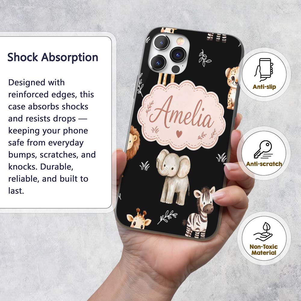 Safari Animals with Elephant Lion and Leopard Cub Custom Name Protective Phone Case Mobile Cover Durable Everyday Smartphone Shock Resistant
