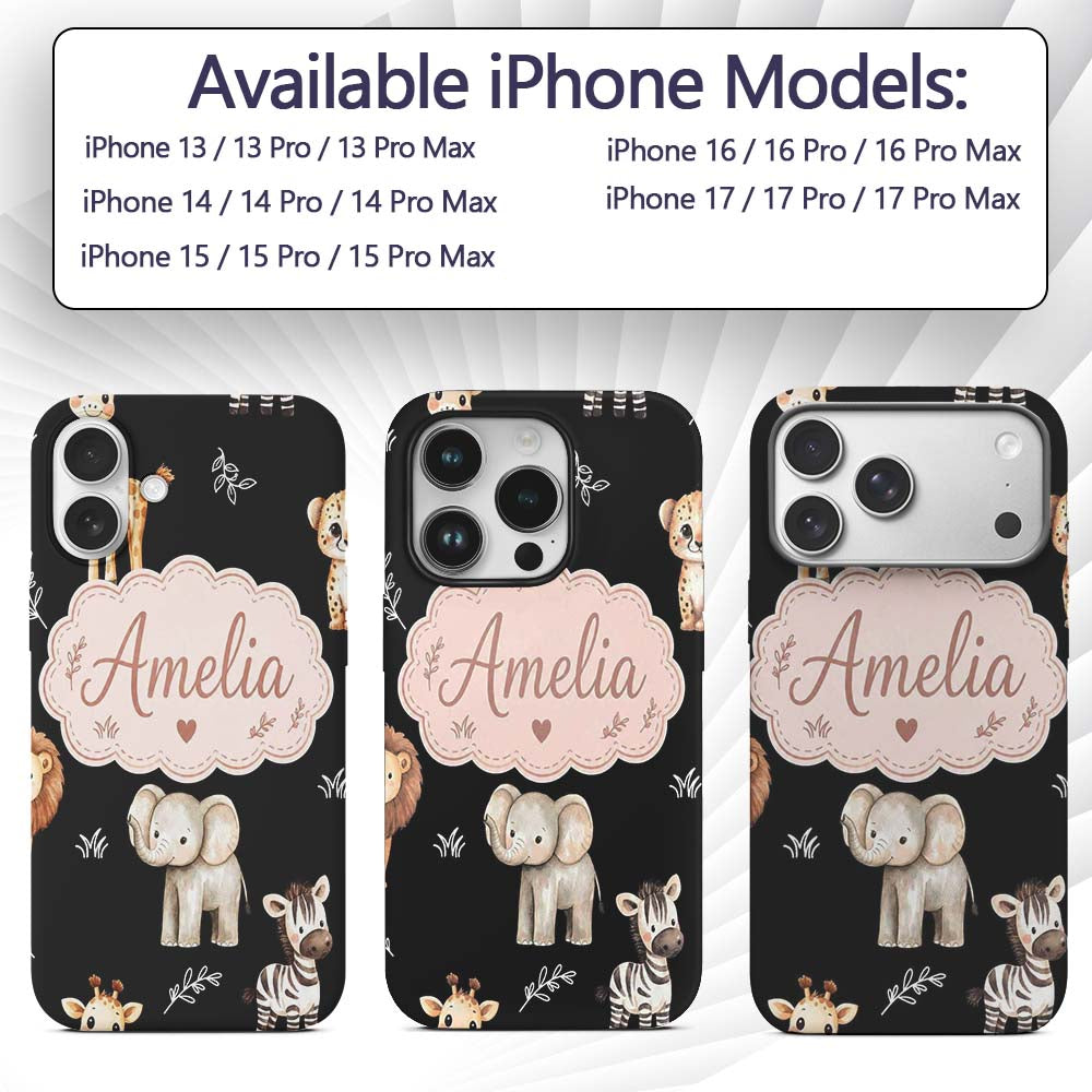 Safari Animals with Elephant Lion and Leopard Cub Custom Name Protective Phone Case Mobile Cover Durable Everyday Smartphone Shock Resistant
