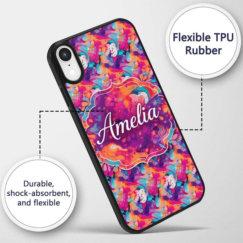 Colourful Liquid Marble Swirl Pink Purple Orange Custom Name Protective Phone Case Mobile Cover Durable Everyday Smartphone Shock Resistant