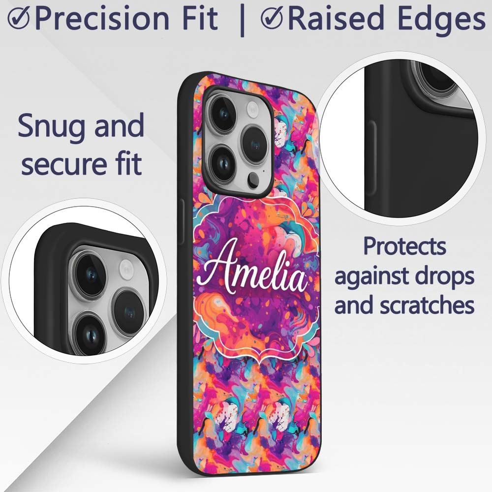 Colourful Liquid Marble Swirl Pink Purple Orange Custom Name Protective Phone Case Mobile Cover Durable Everyday Smartphone Shock Resistant