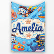 Underwater with Scuba Divers Starfish and Whale on Soft Blue Lovely  Personalised Custom Name Super Soft Fleece Blanket Bed Sofa Throw