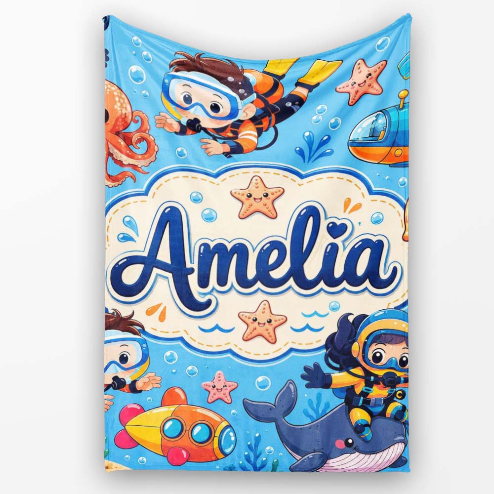 Underwater with Scuba Divers Starfish and Whale on Soft Blue Lovely  Personalised Custom Name Super Soft Fleece Blanket Bed Sofa Throw