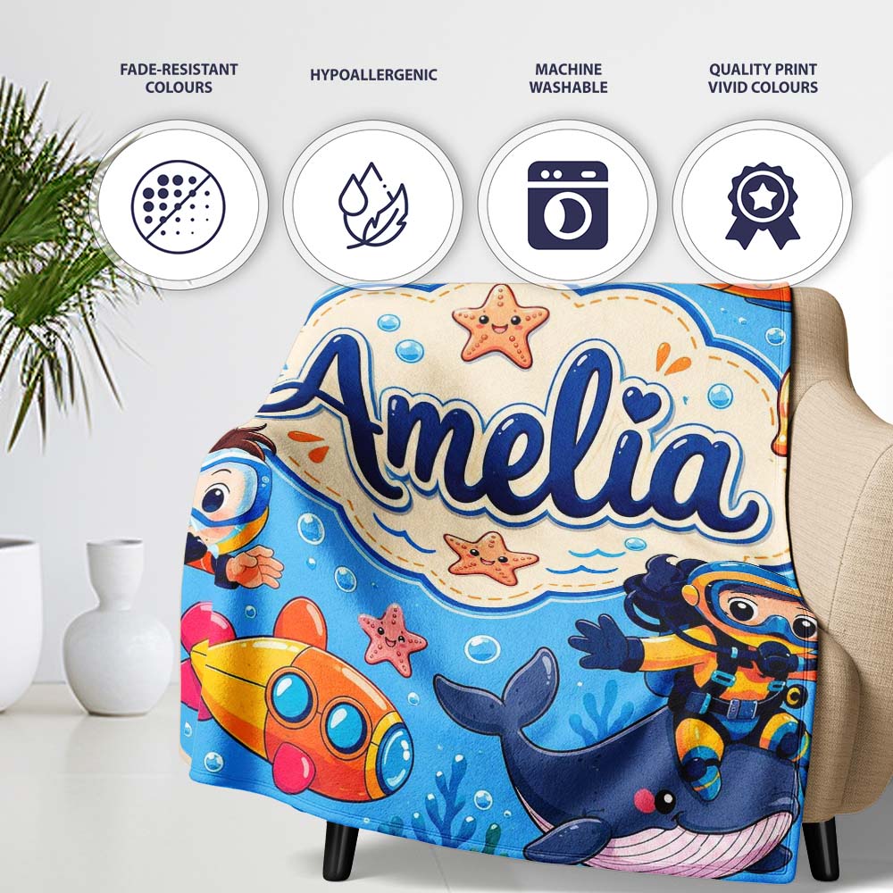 Underwater with Scuba Divers Starfish and Whale on Soft Blue Lovely  Personalised Custom Name Super Soft Fleece Blanket Bed Sofa Throw