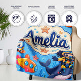 Underwater with Scuba Divers Starfish and Whale on Soft Blue Lovely  Personalised Custom Name Super Soft Fleece Blanket Bed Sofa Throw