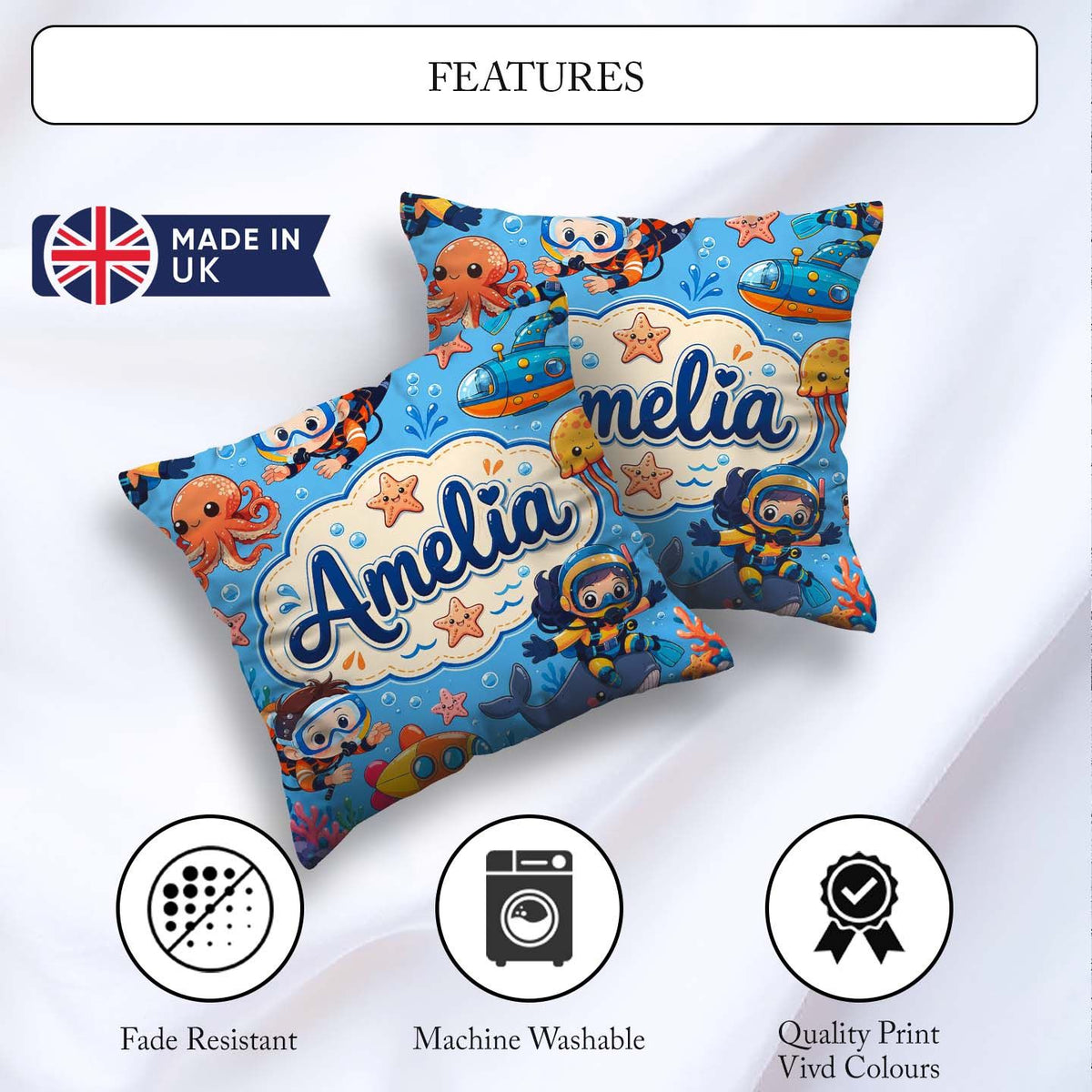 Custom Name Underwater with Scuba Divers and Whale on Soft Blue Square Filled Cushion Throw Pillow Sofa Bed Home Decor Zip Washable UK Made