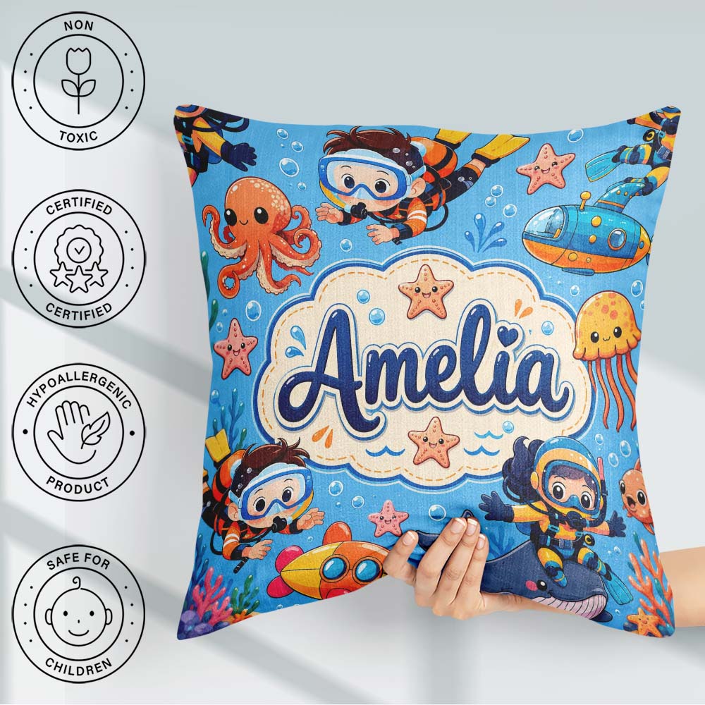 Custom Name Underwater with Scuba Divers and Whale on Soft Blue Square Filled Cushion Throw Pillow Sofa Bed Home Decor Zip Washable UK Made