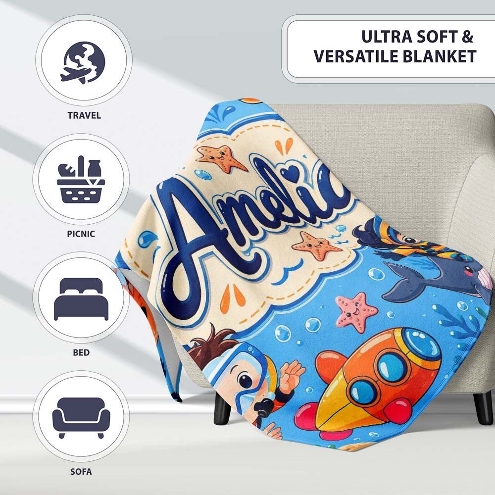 Underwater with Scuba Divers Starfish and Whale on Soft Blue Lovely  Personalised Custom Name Super Soft Fleece Blanket Bed Sofa Throw