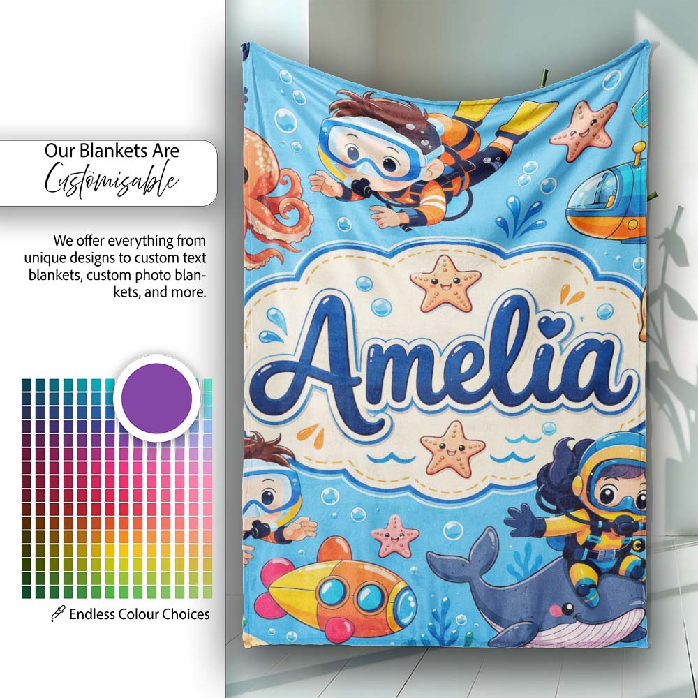 Underwater with Scuba Divers Starfish and Whale on Soft Blue Lovely  Personalised Custom Name Super Soft Fleece Blanket Bed Sofa Throw