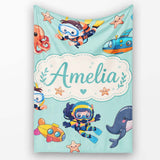 Underwater with Scuba Divers Starfish and Whale on Seafoam Green  Personalised Custom Name Super Soft Fleece Blanket Bed Sofa Throw