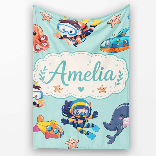 Underwater with Scuba Divers Starfish and Whale on Seafoam Green  Personalised Custom Name Super Soft Fleece Blanket Bed Sofa Throw
