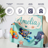 Underwater with Scuba Divers Starfish and Whale on Seafoam Green  Personalised Custom Name Super Soft Fleece Blanket Bed Sofa Throw