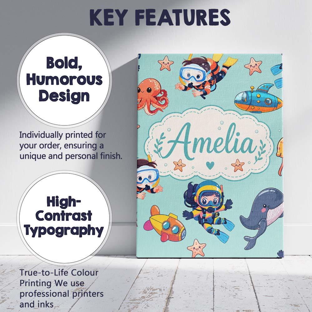 Personalised Name Underwater with Scuba Custom  Modern Room Accent Elegant Feature Canvas Wall Art Print Decor Picture Ready to Hang
