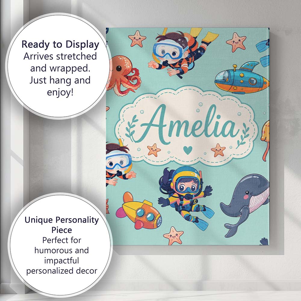 Personalised Name Underwater with Scuba Custom  Modern Room Accent Elegant Feature Canvas Wall Art Print Decor Picture Ready to Hang