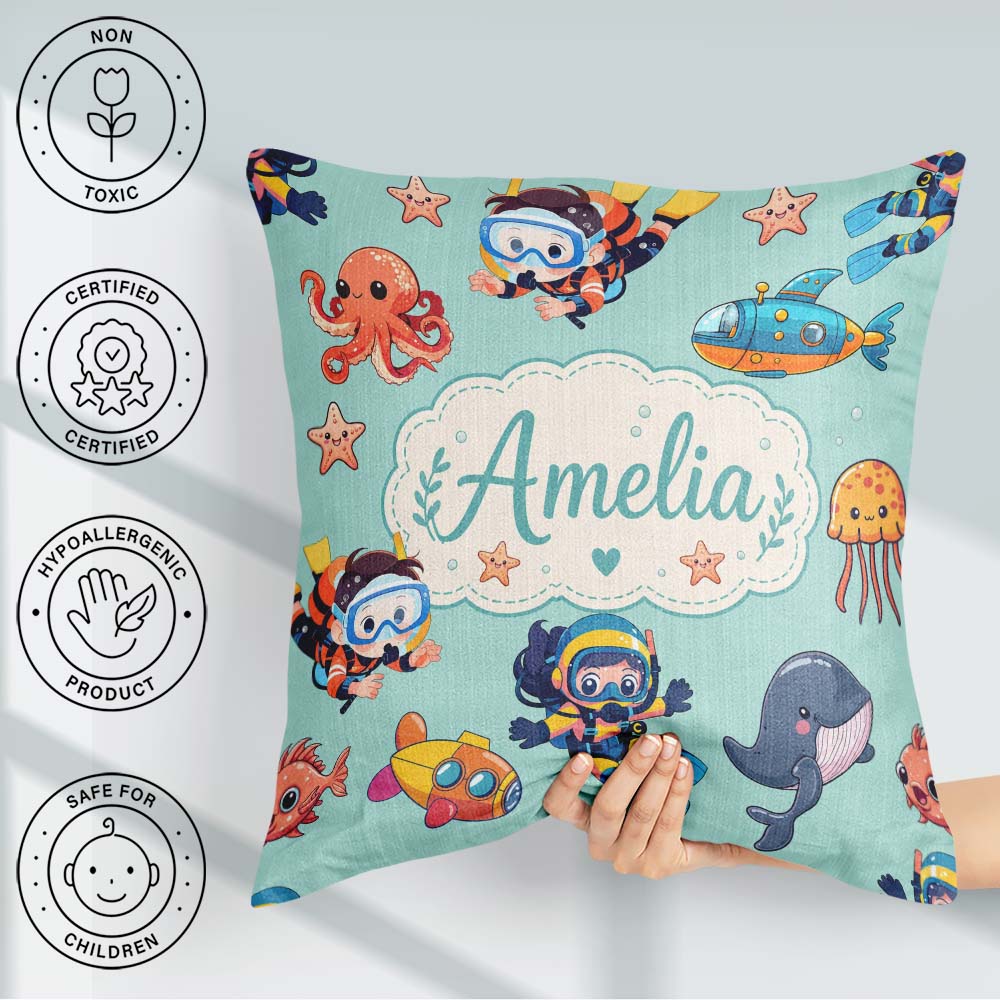 Custom Name Underwater with Scuba Divers Starfish and on Seafoam Square Filled Cushion Throw Pillow Sofa Bed Home Decor Zip Washable UK Made