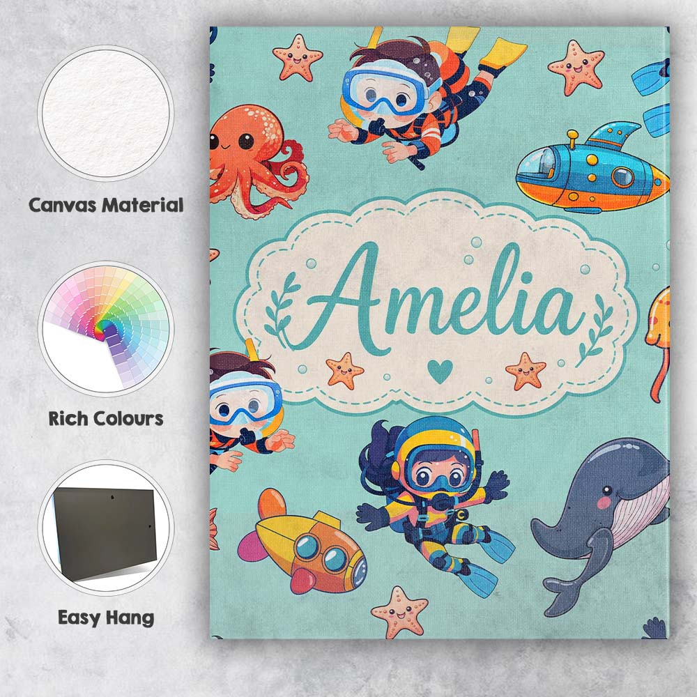 Personalised Name Underwater with Scuba Custom  Modern Room Accent Elegant Feature Canvas Wall Art Print Decor Picture Ready to Hang