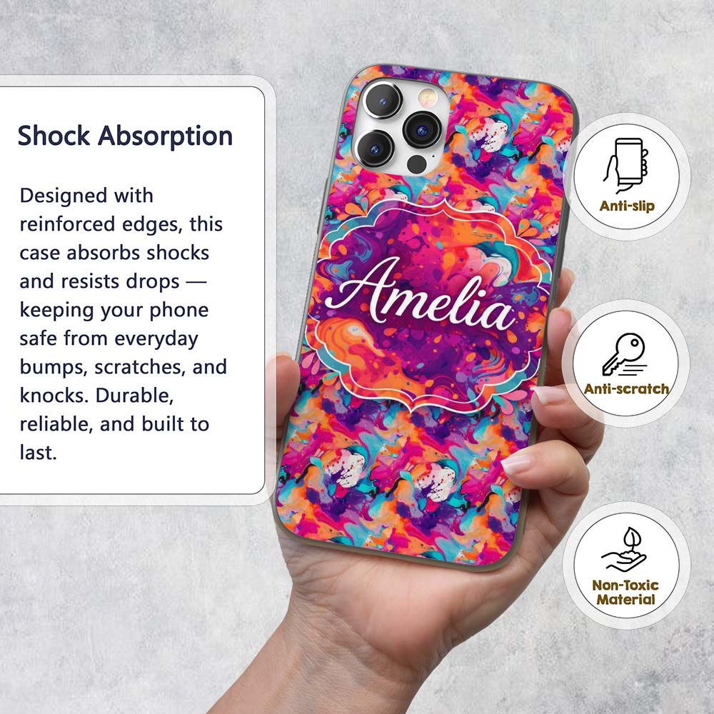 Colourful Liquid Marble Swirl Pink Purple Orange Custom Name Protective Phone Case Mobile Cover Durable Everyday Smartphone Shock Resistant