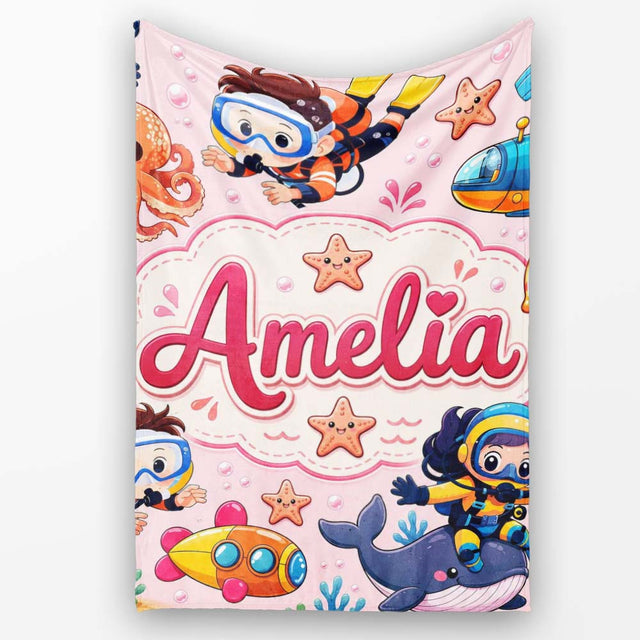 Underwater with Scuba Divers Starfish and Whale on Blush Pink  Personalised Custom Name Super Soft Fleece Blanket Bed Sofa Throw