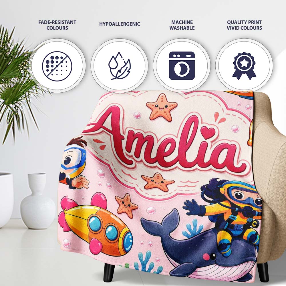 Underwater with Scuba Divers Starfish and Whale on Blush Pink  Personalised Custom Name Super Soft Fleece Blanket Bed Sofa Throw