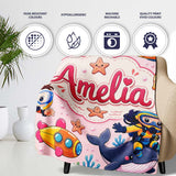 Underwater with Scuba Divers Starfish and Whale on Blush Pink  Personalised Custom Name Super Soft Fleece Blanket Bed Sofa Throw