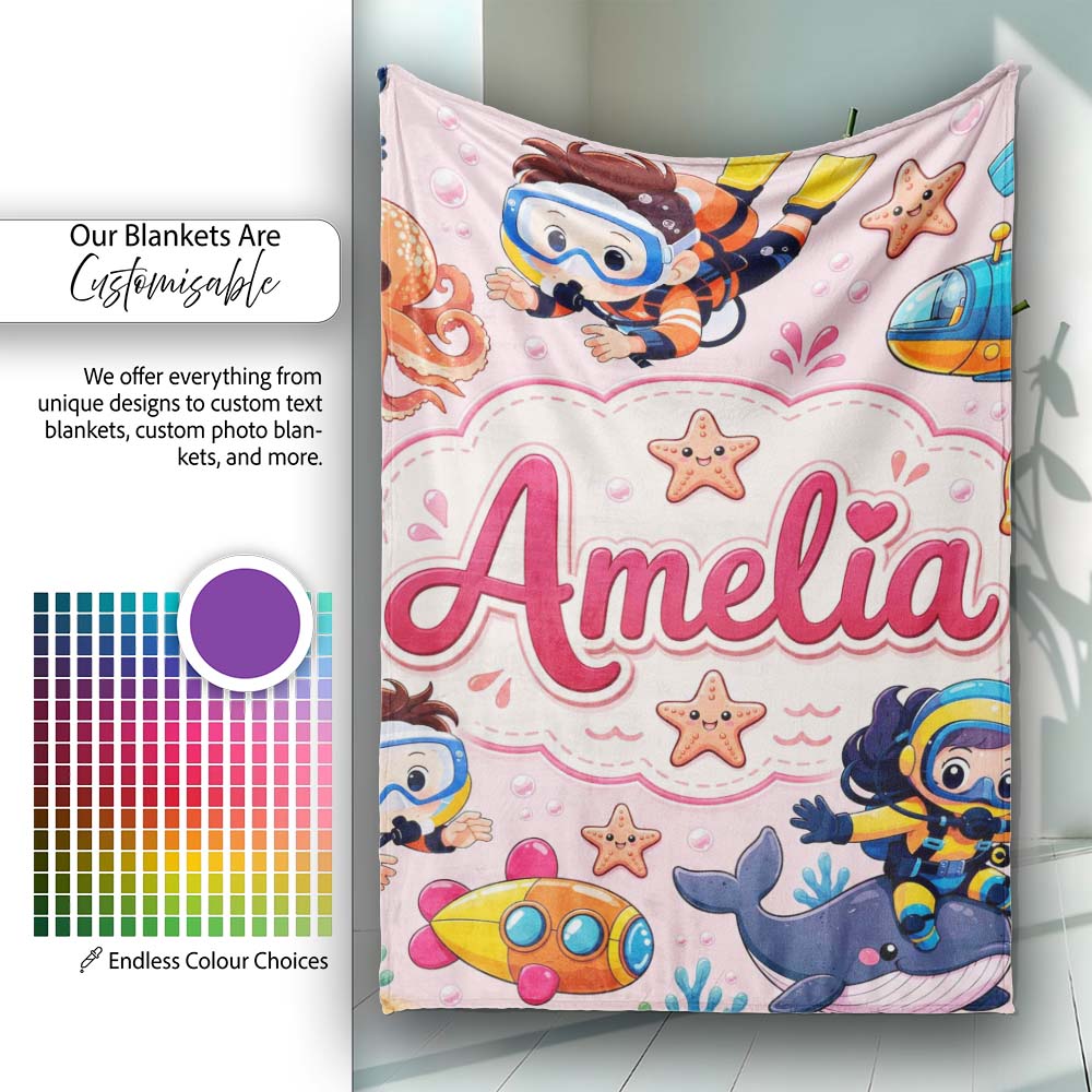 Underwater with Scuba Divers Starfish and Whale on Blush Pink  Personalised Custom Name Super Soft Fleece Blanket Bed Sofa Throw