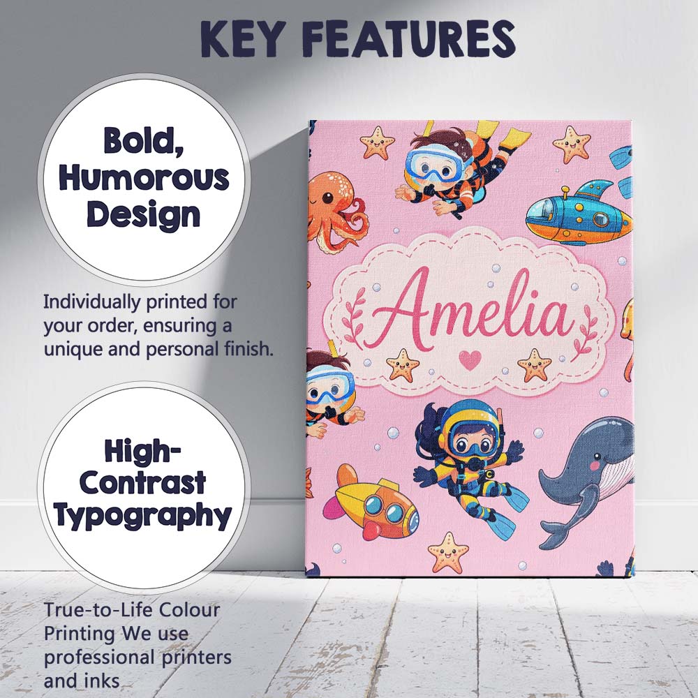 Personalised Name Underwater with Scuba Custom  Modern Room Accent Elegant Feature Canvas Wall Art Print Decor Picture Ready to Hang