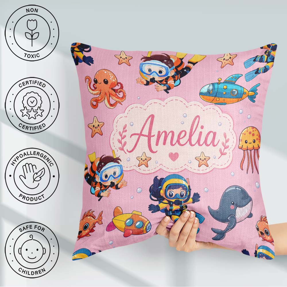 Custom Name Underwater with Scuba Divers and Whale on Soft Blush Square Filled Cushion Throw Pillow Sofa Bed Home Decor Zip Washable UK Made