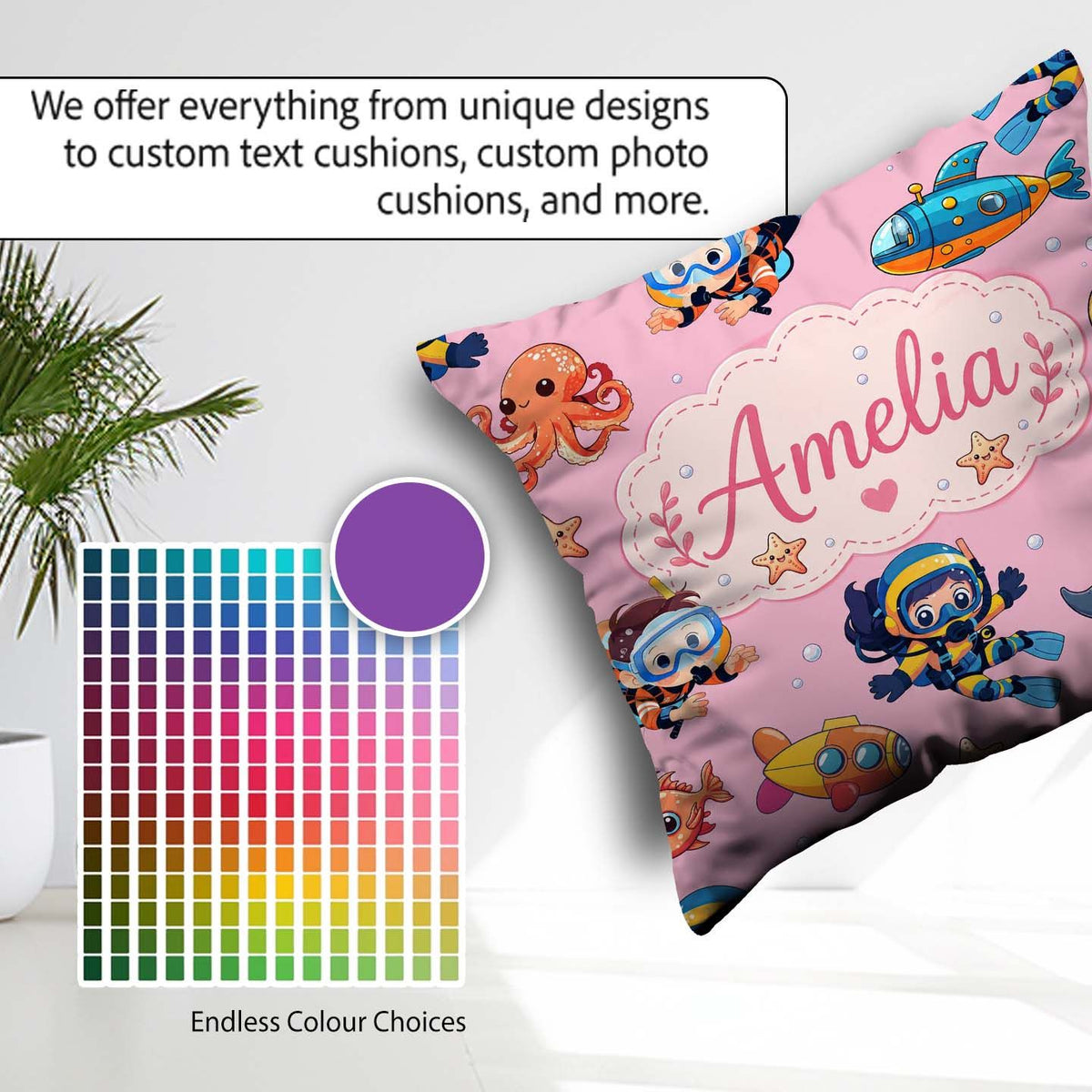 Custom Name Underwater with Scuba Divers and Whale on Soft Blush Square Filled Cushion Throw Pillow Sofa Bed Home Decor Zip Washable UK Made